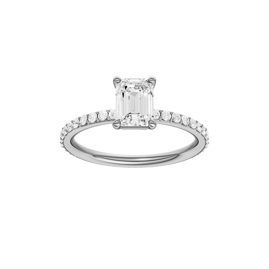 Emerald-cut diamond engagement ring with a prong-set diamond band and solitaire setting.
