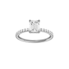 Emerald-cut diamond engagement ring with a prong-set diamond band and solitaire setting.
