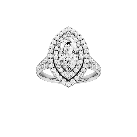Marquise-cut diamond engagement ring with a channel-set diamond band and double-halo setting.