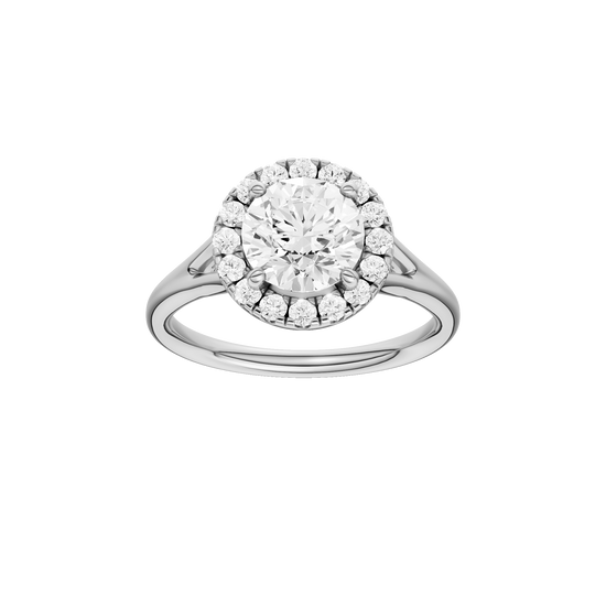 Round-cut diamond engagement ring with a plain band and halo setting.