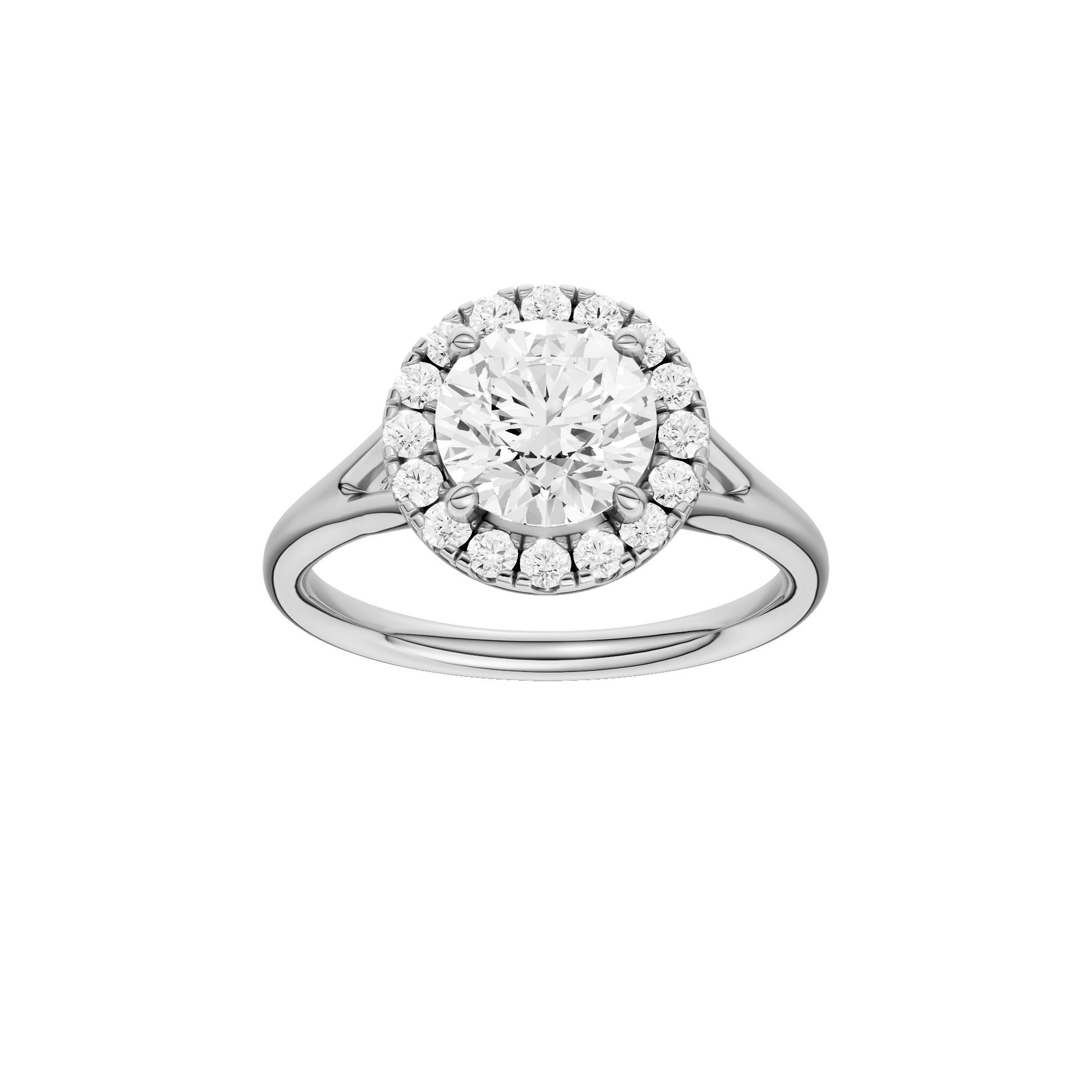 Round-cut diamond engagement ring with a plain band and halo setting.