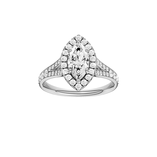 Marquise-cut diamond engagement ring with a channel-set diamond band and halo setting.