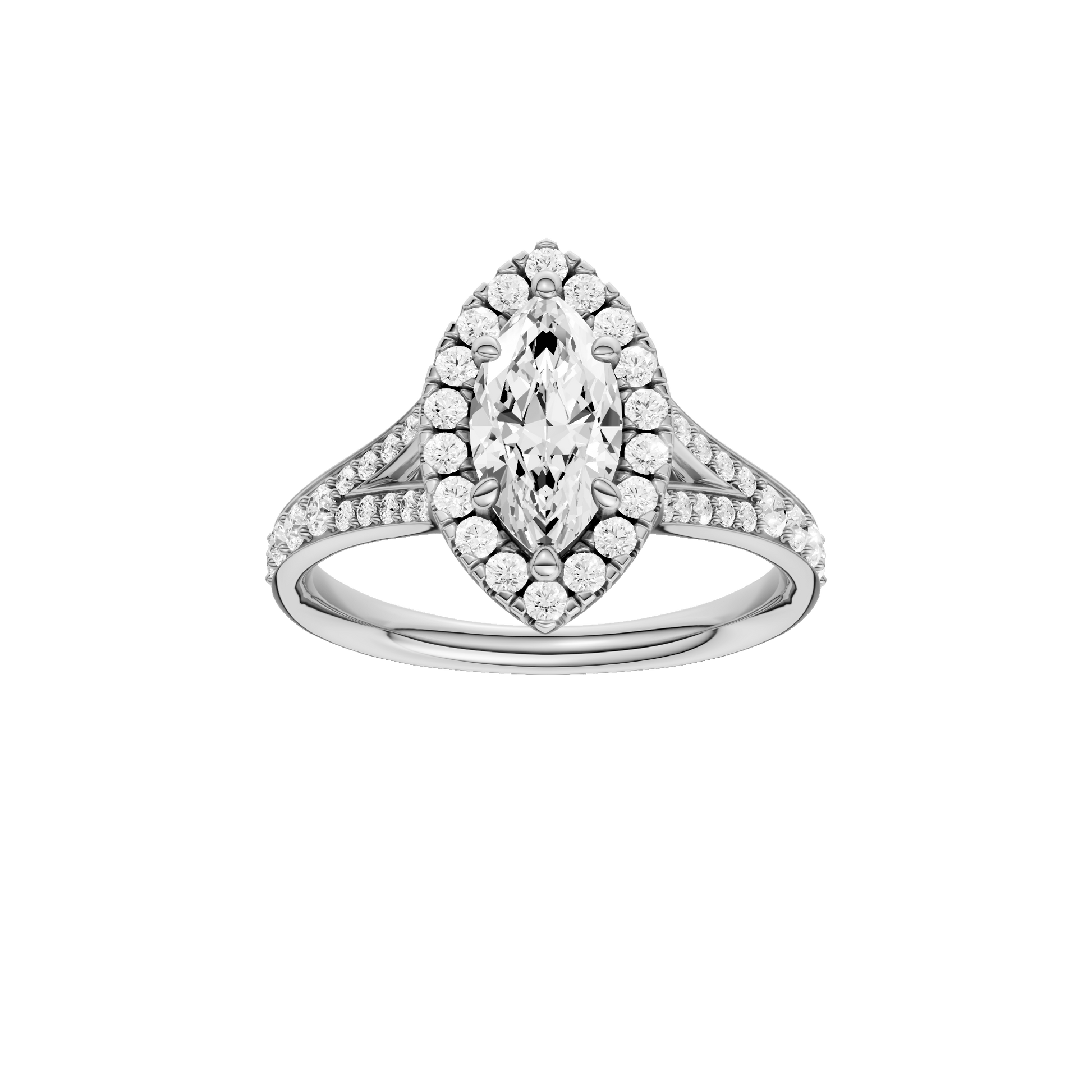 Marquise-cut diamond engagement ring with a channel-set diamond band and halo setting.