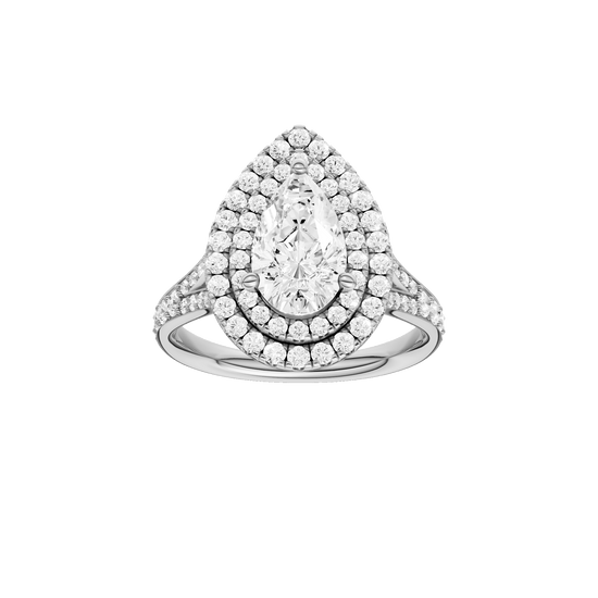 Pear-cut diamond engagement ring with a channel-set diamond band and double-halo setting.