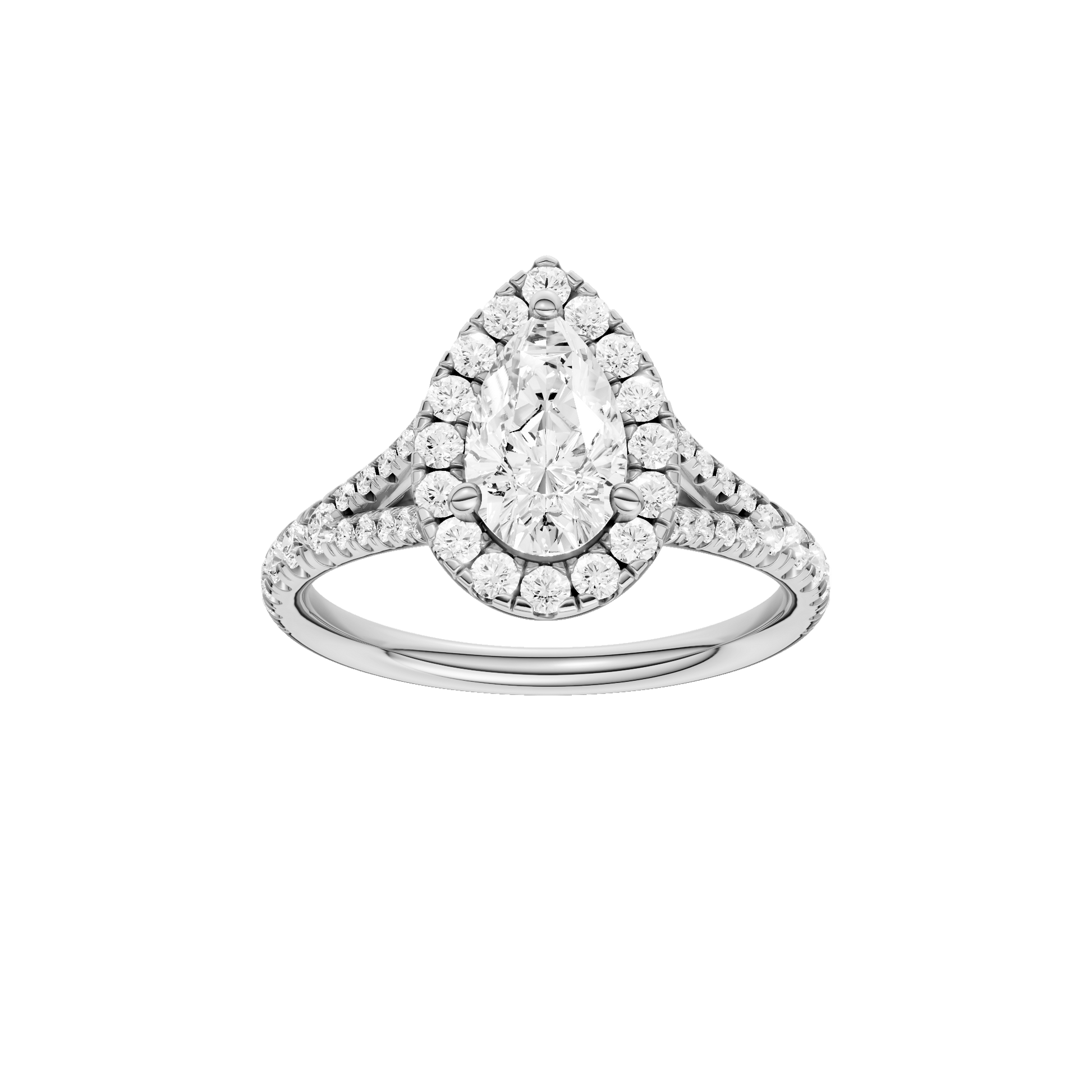 Pear-cut diamond engagement ring with a prong-set diamond band and halo setting.