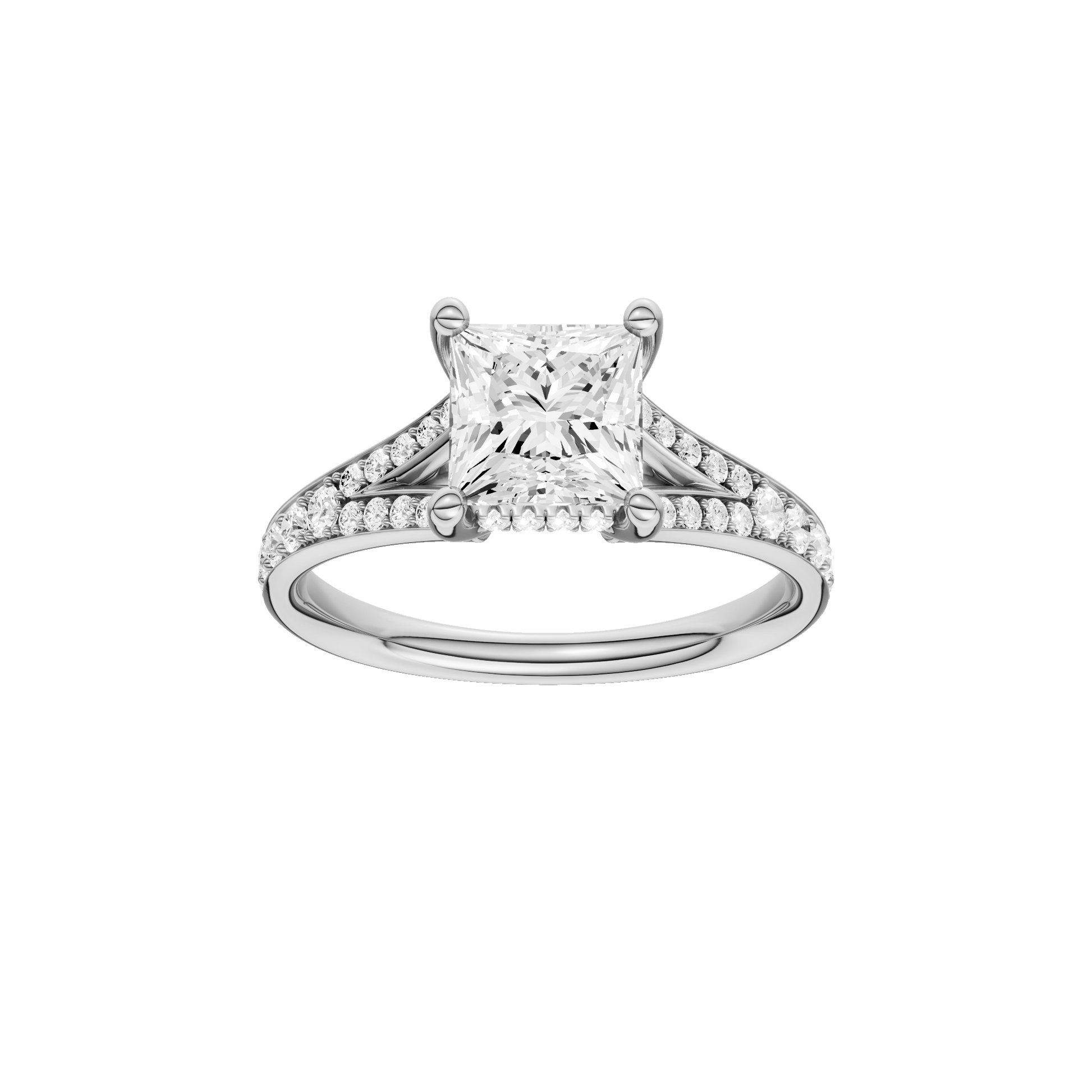 Princess-cut diamond engagement ring with a channel-set diamond band and hidden-halo setting.