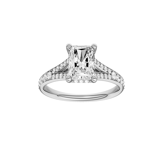 Radiant-cut diamond engagement ring with a channel-set diamond band and hidden-halo setting.