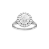 Round-cut diamond engagement ring with a plain band and halo setting.