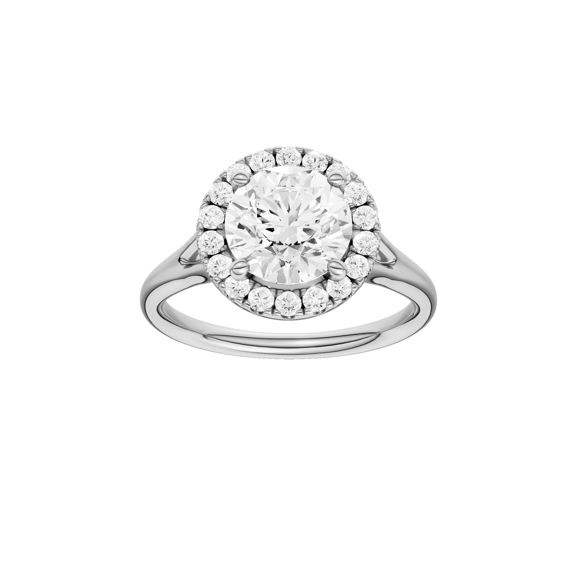 Round-cut diamond engagement ring with a plain band and halo setting.