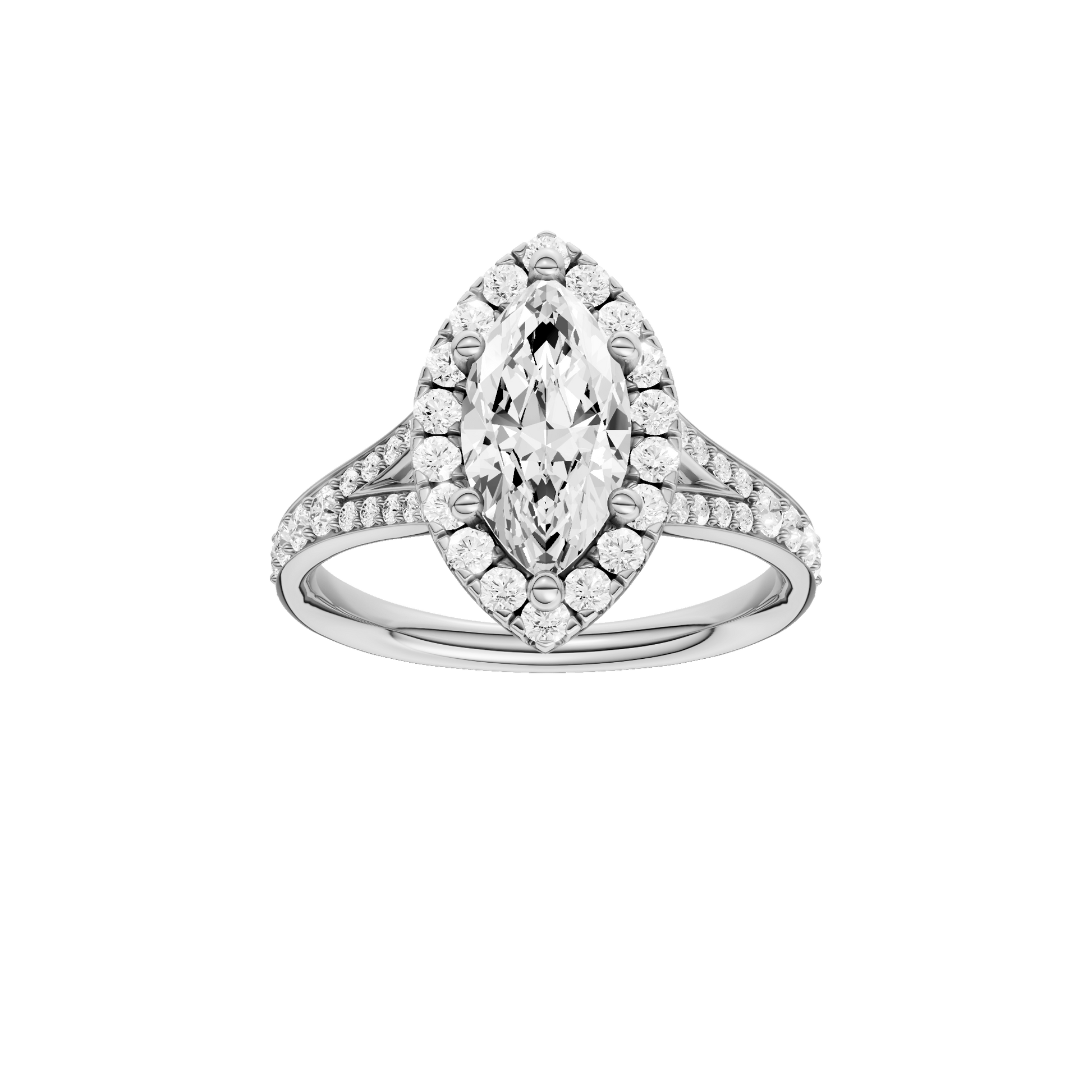 Marquise-cut diamond engagement ring with a channel-set diamond band and halo setting.