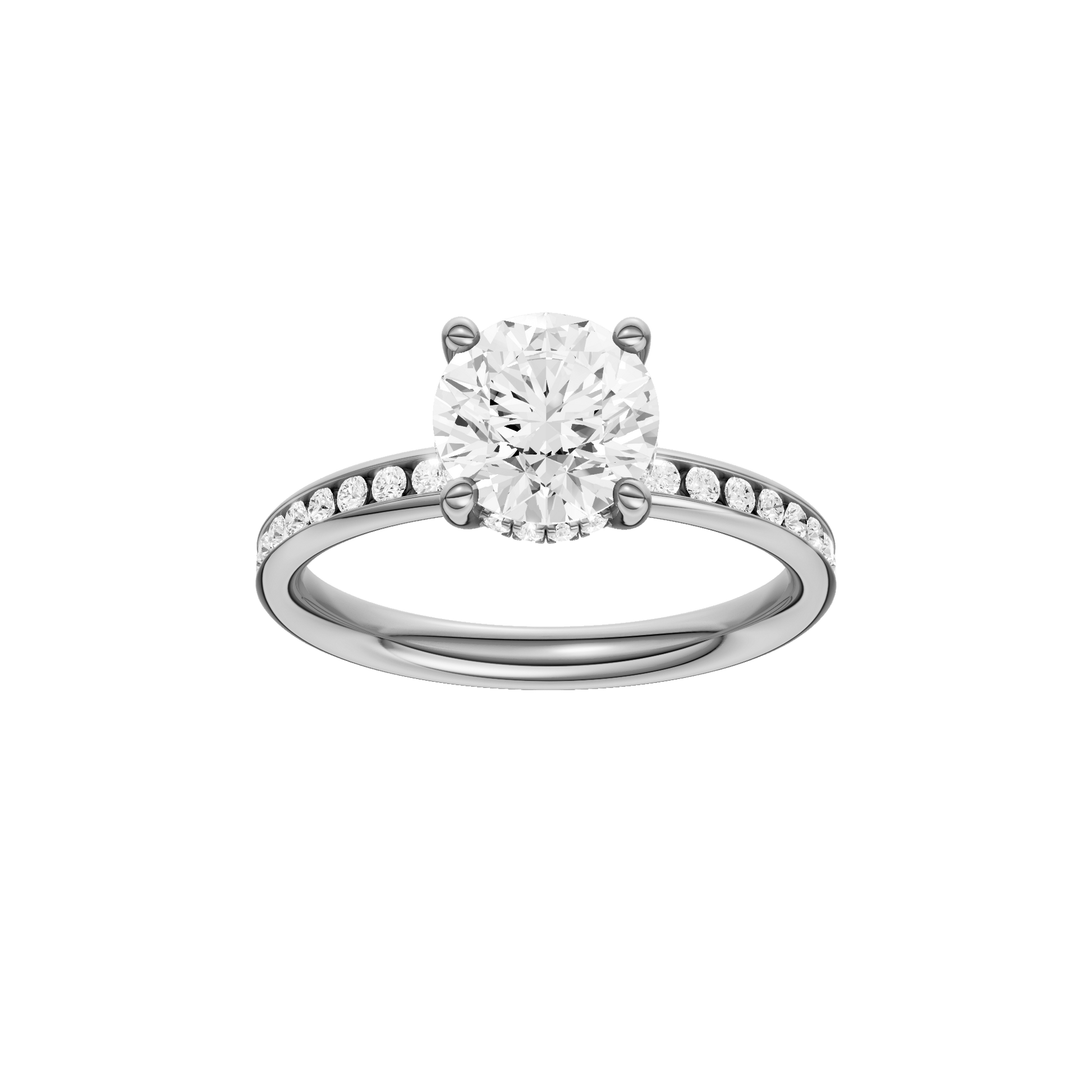 Round-cut diamond engagement ring with a channel-set diamond band and hidden-halo setting.