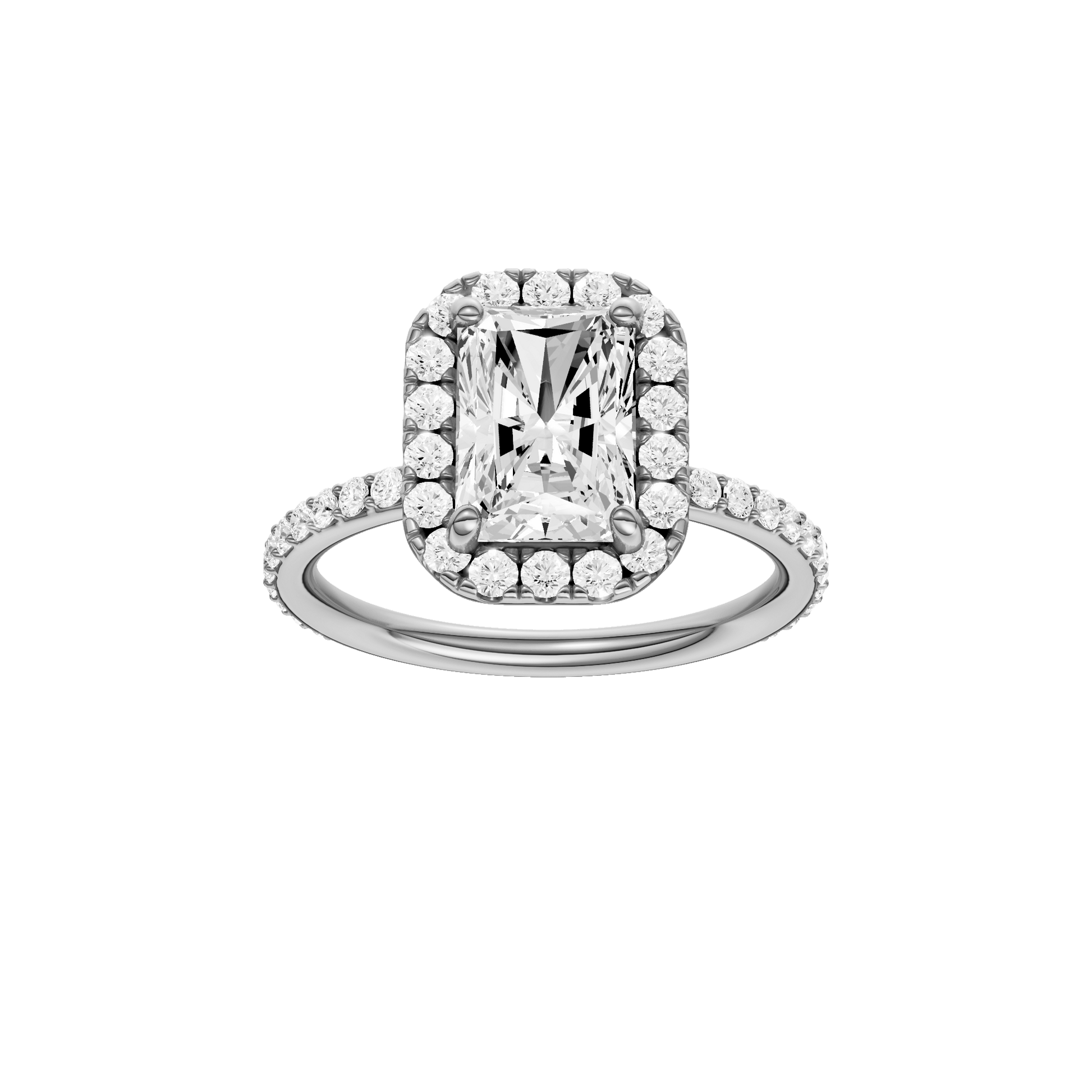 Radiant-cut diamond engagement ring with a prong-set diamond band and halo setting.