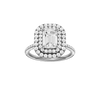 Emerald-cut diamond engagement ring with a pavé-set diamond band and double-halo setting.