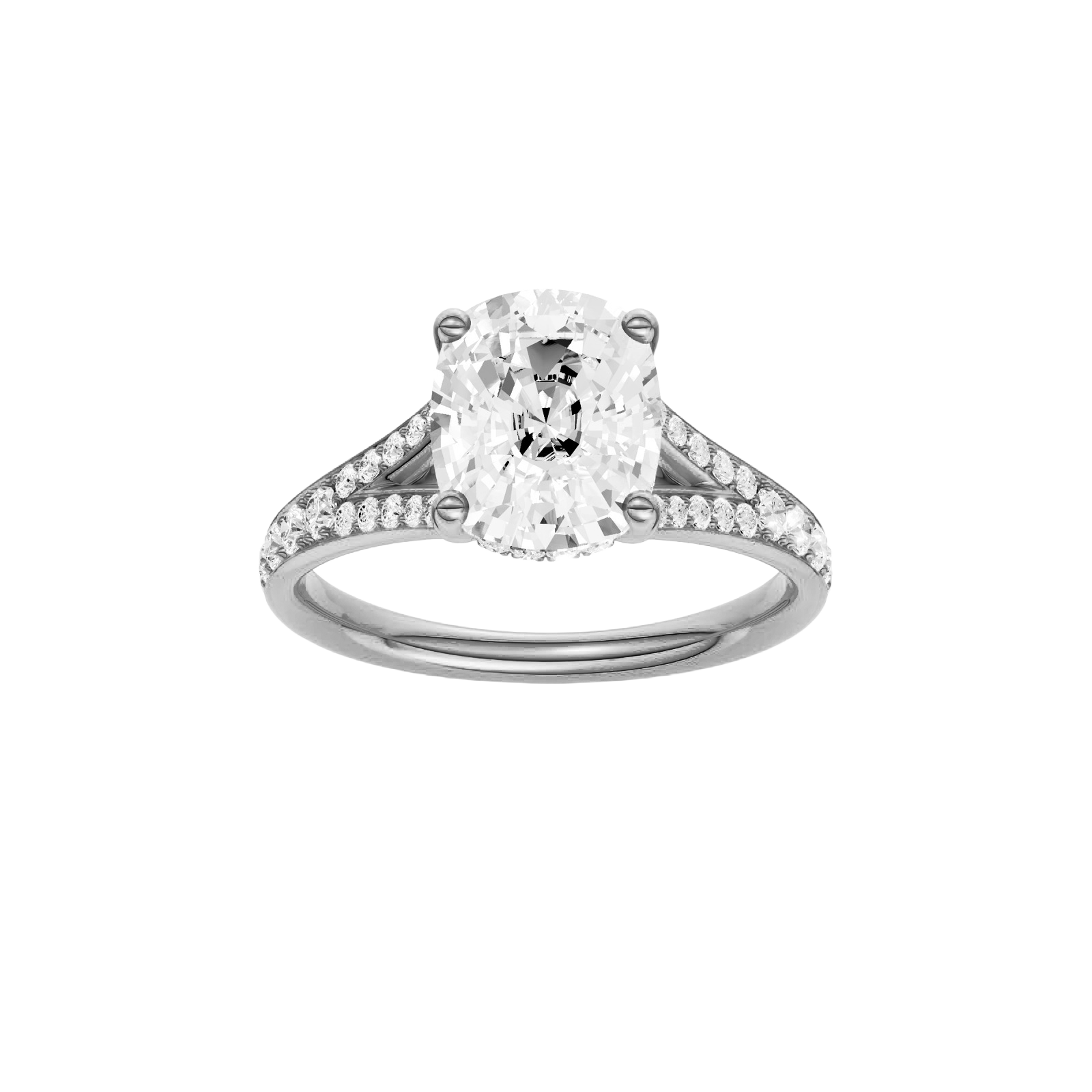 Elongated cushion-cut diamond engagement ring with a channel-set diamond band and hidden-halo setting.