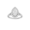 Pear-cut diamond engagement ring with a prong-set diamond band and halo setting.