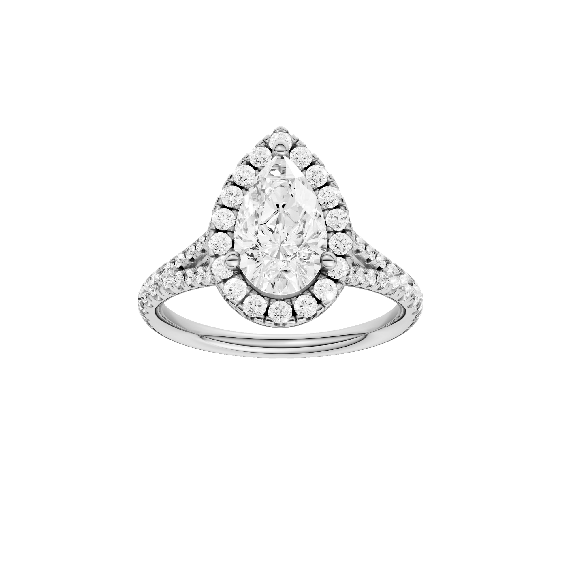 Pear-cut diamond engagement ring with a prong-set diamond band and halo setting.