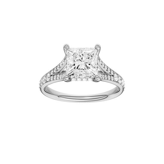 Princess-cut diamond engagement ring with a channel-set diamond band and hidden-halo setting.