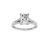 Radiant-cut diamond engagement ring with a channel-set diamond band and hidden-halo setting.