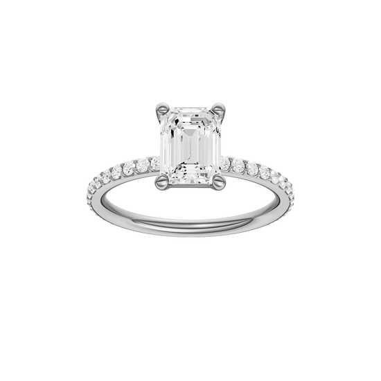 Emerald-cut diamond engagement ring with a prong-set diamond band and solitaire setting.