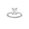 Emerald-cut diamond engagement ring with a prong-set diamond band and solitaire setting.