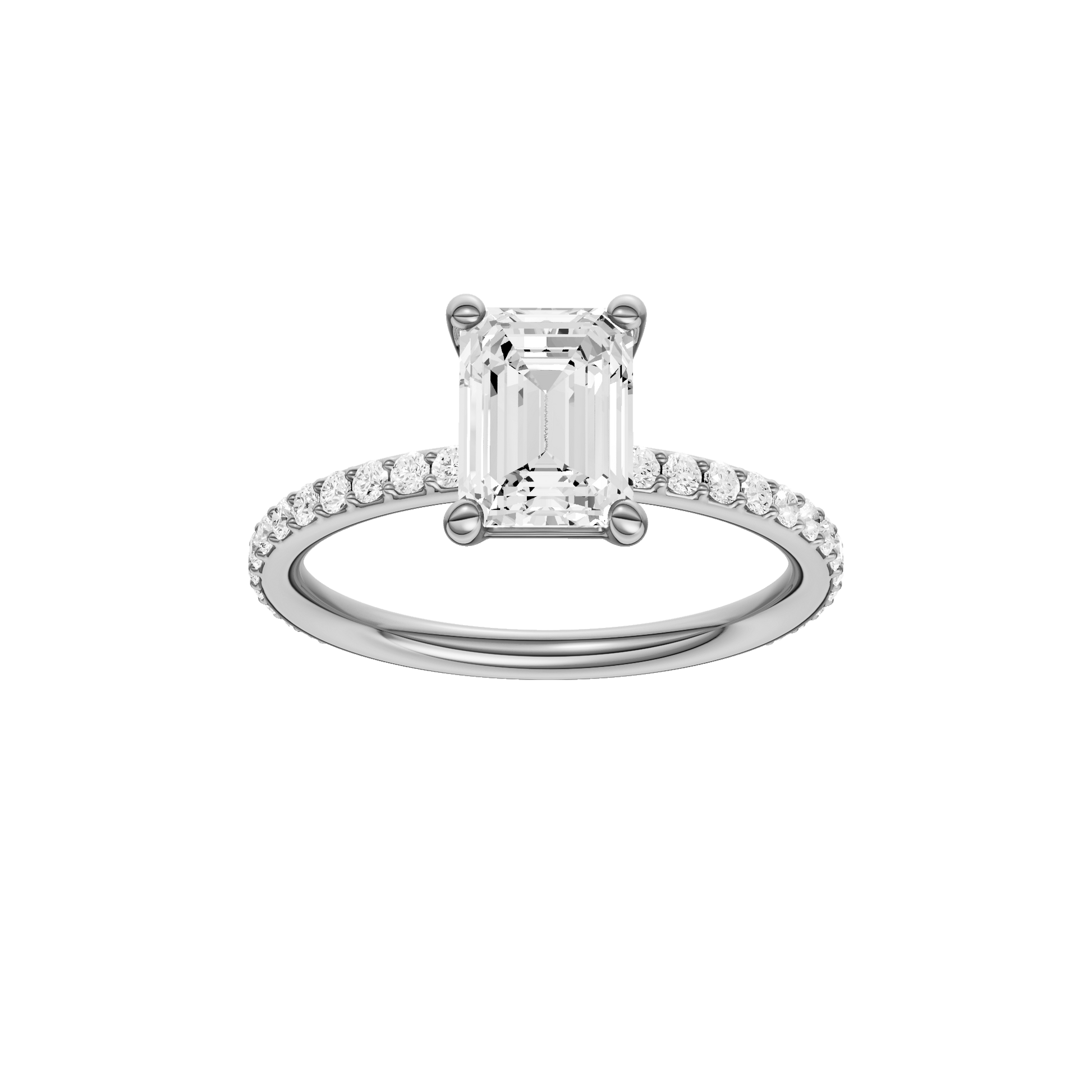 Emerald-cut diamond engagement ring with a prong-set diamond band and solitaire setting.