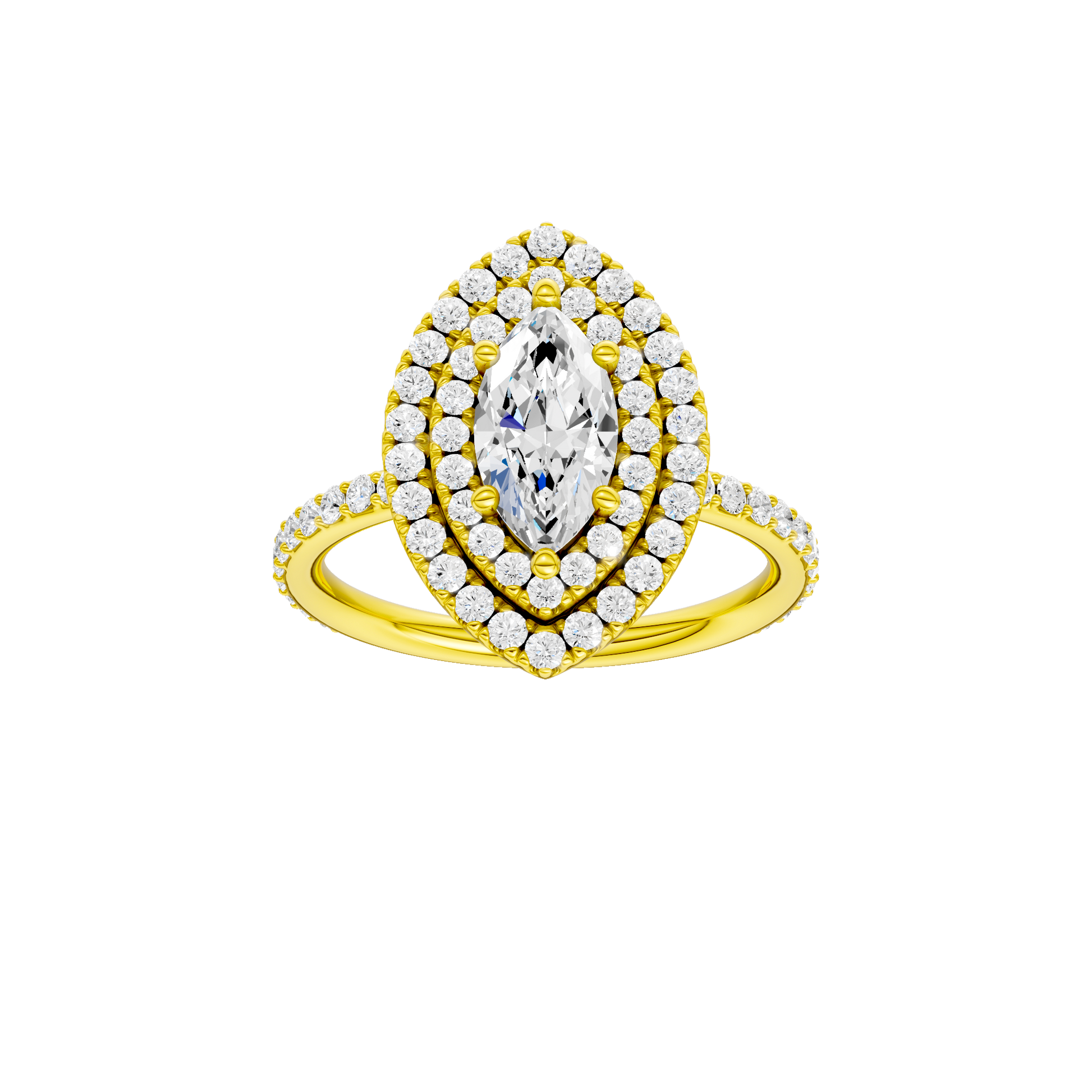 Marquise-cut diamond engagement ring with a prong-set diamond band and double-halo setting.