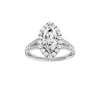Marquise-cut diamond engagement ring with a channel-set diamond band and halo setting.