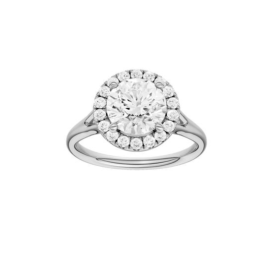 Round-cut diamond engagement ring with a plain band and halo setting.