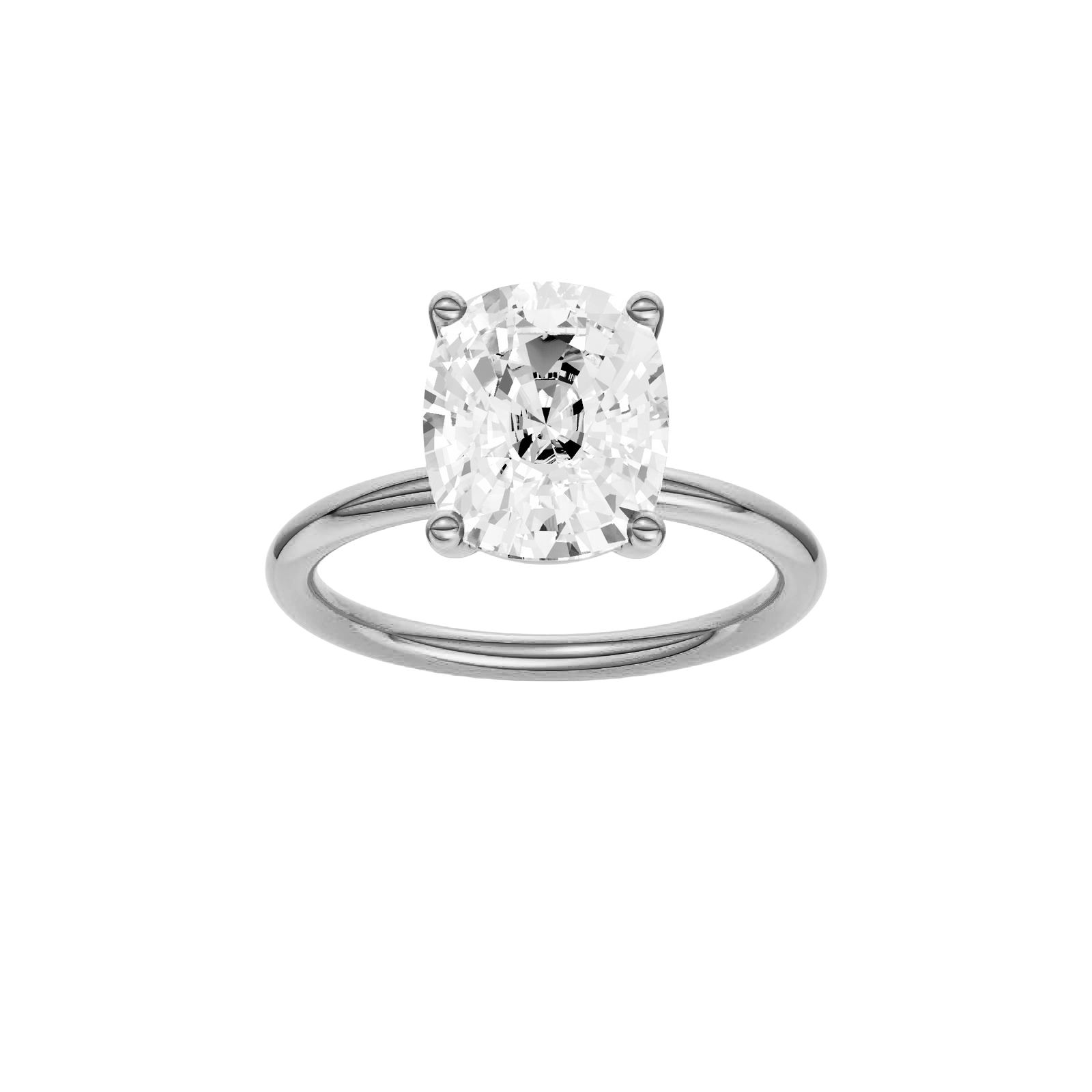 Elongated cushion-cut diamond solitaire engagement ring in 14k white gold with a plain band