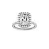 Radiant-cut diamond engagement ring with a prong-set diamond band and halo setting.