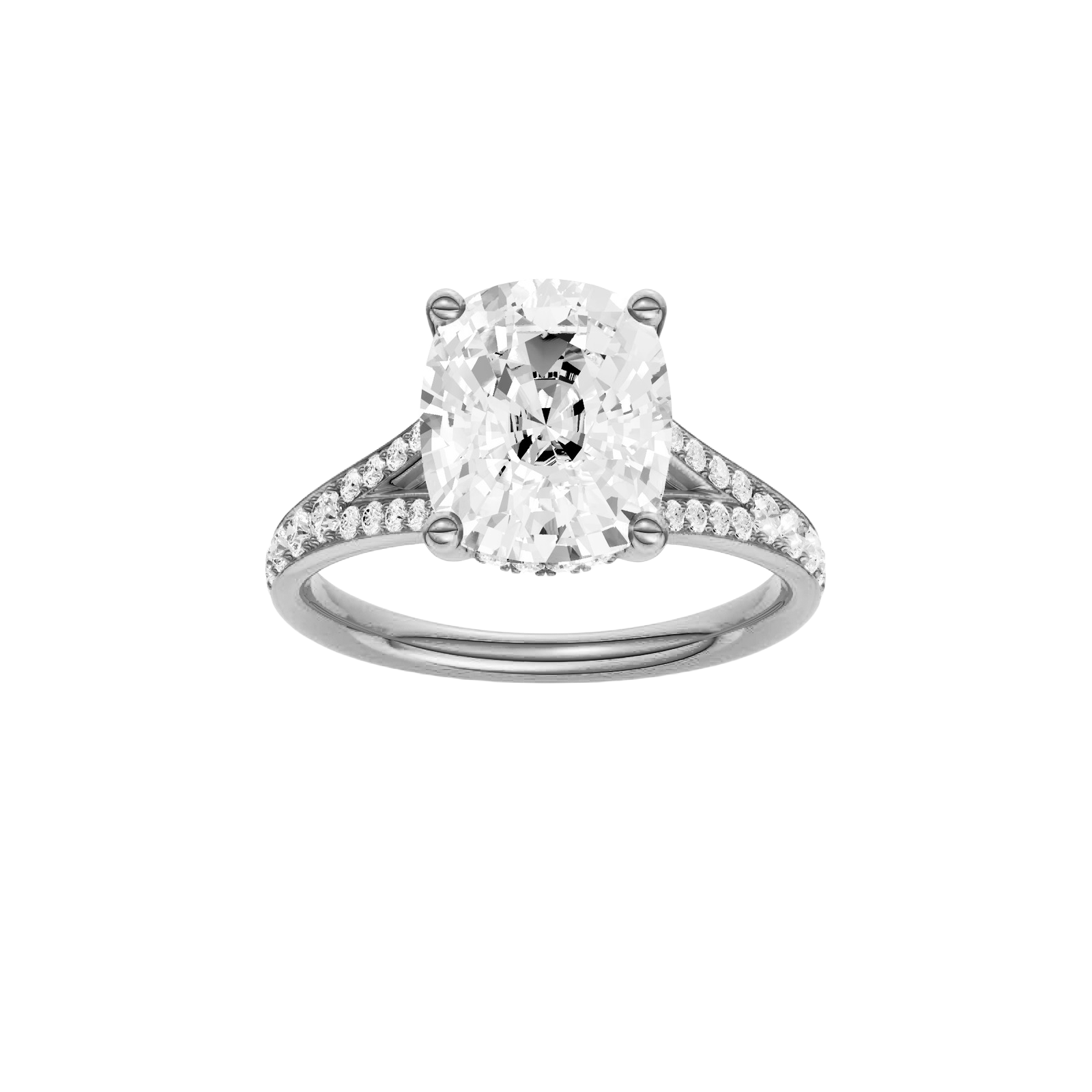 Elongated cushion-cut diamond engagement ring with a channel-set diamond band and hidden-halo setting.