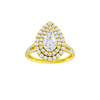 Pear-cut diamond engagement ring with a prong-set diamond band and double-halo setting.