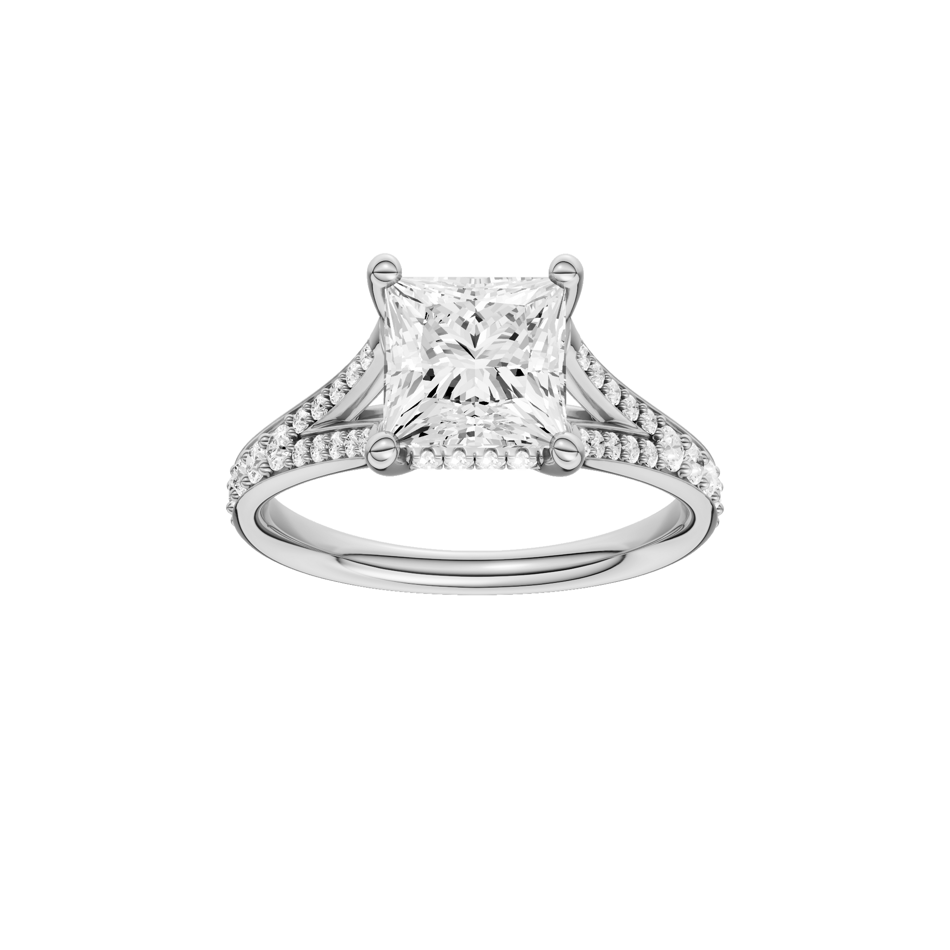 Princess-cut diamond engagement ring with a channel-set diamond band and hidden-halo setting.