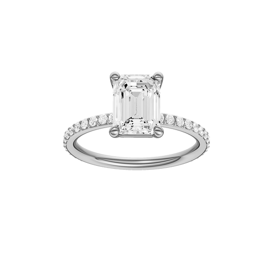 Emerald-cut diamond engagement ring with a prong-set diamond band and solitaire setting.