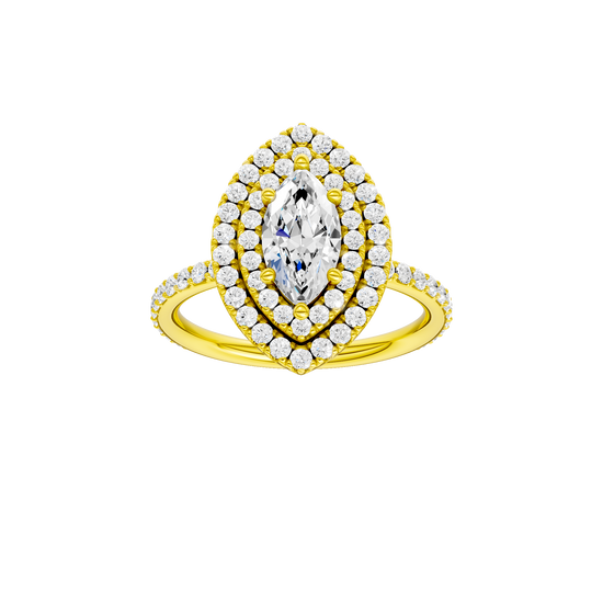Marquise-cut diamond engagement ring with a prong-set diamond band and double-halo setting.