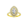 Marquise-cut diamond engagement ring with a prong-set diamond band and double-halo setting.