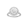 Round-cut diamond engagement ring with a plain band and halo setting.