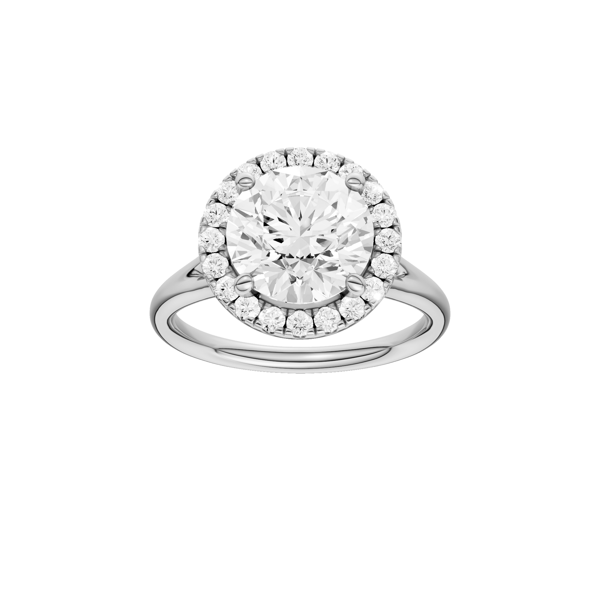 Round-cut diamond engagement ring with a plain band and halo setting.