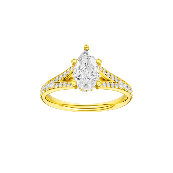 Pear-cut diamond engagement ring with a channel-set diamond band and hidden-halo setting.