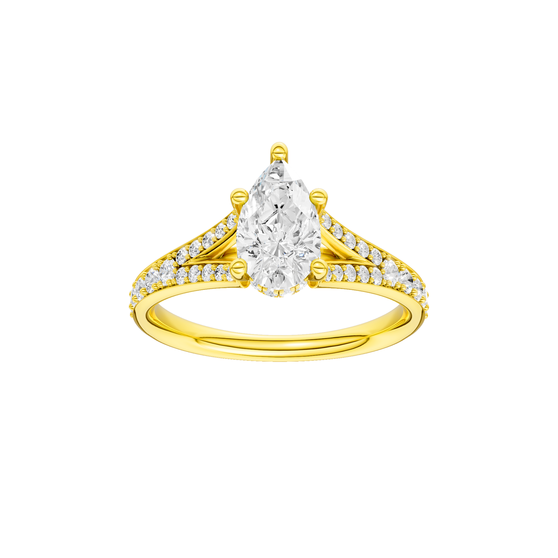 Pear-cut diamond engagement ring with a channel-set diamond band and hidden-halo setting.