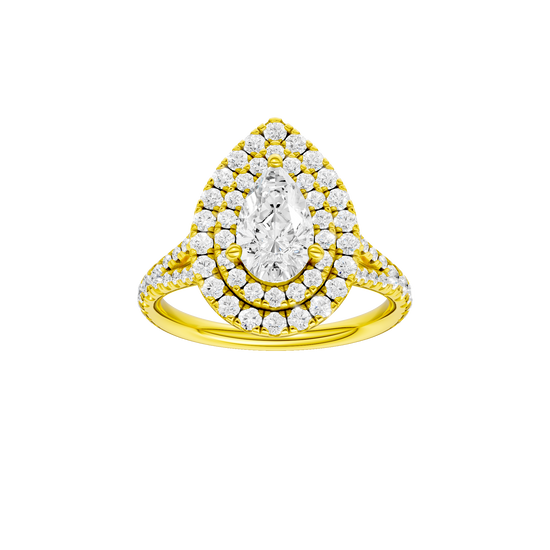 Pear-cut diamond engagement ring with a prong-set diamond band and double-halo setting.