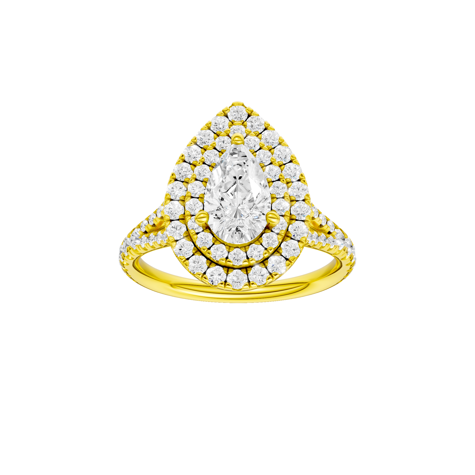 Pear-cut diamond engagement ring with a prong-set diamond band and double-halo setting.