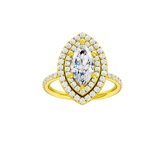 Marquise-cut diamond engagement ring with a prong-set diamond band and double-halo setting.