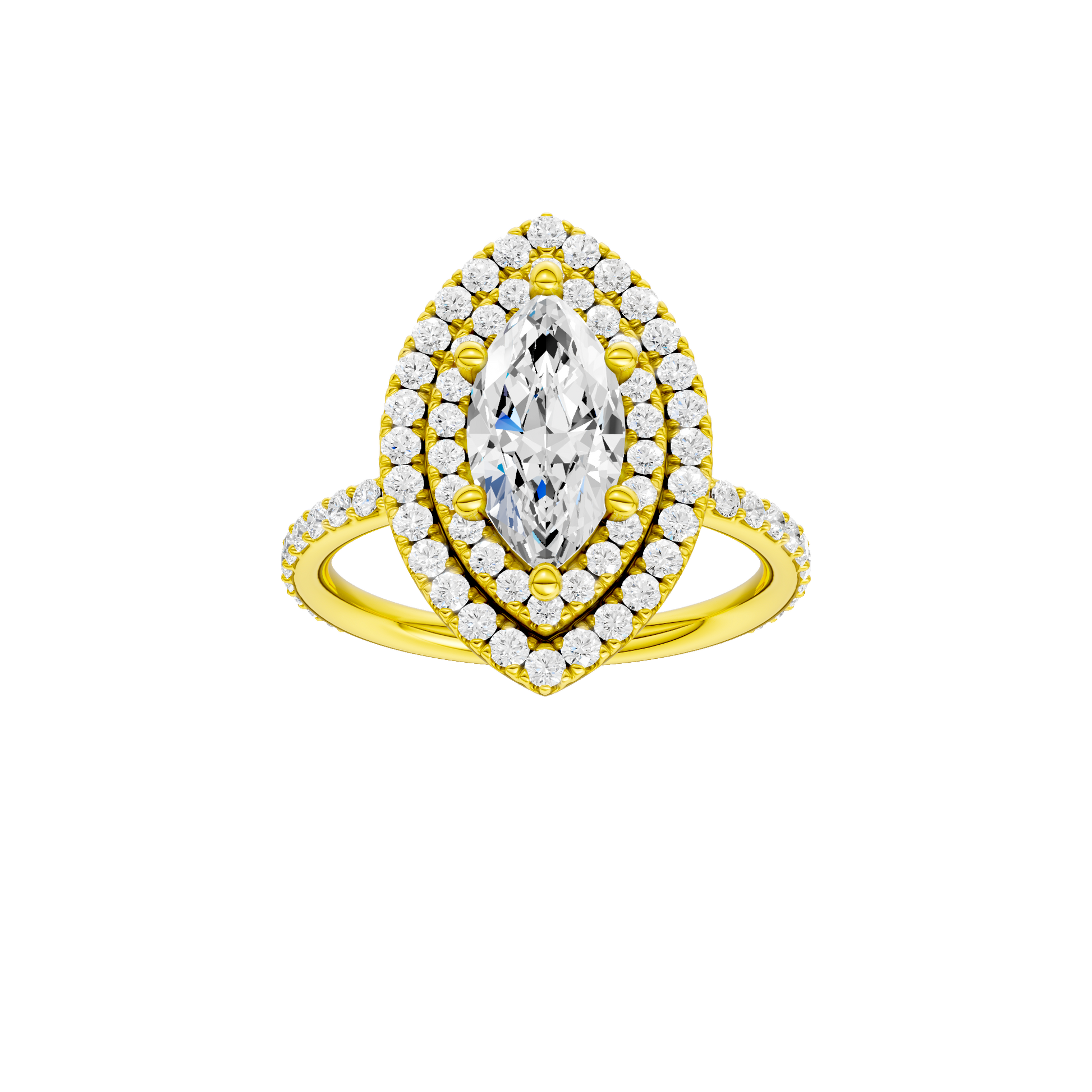 Marquise-cut diamond engagement ring with a prong-set diamond band and double-halo setting.