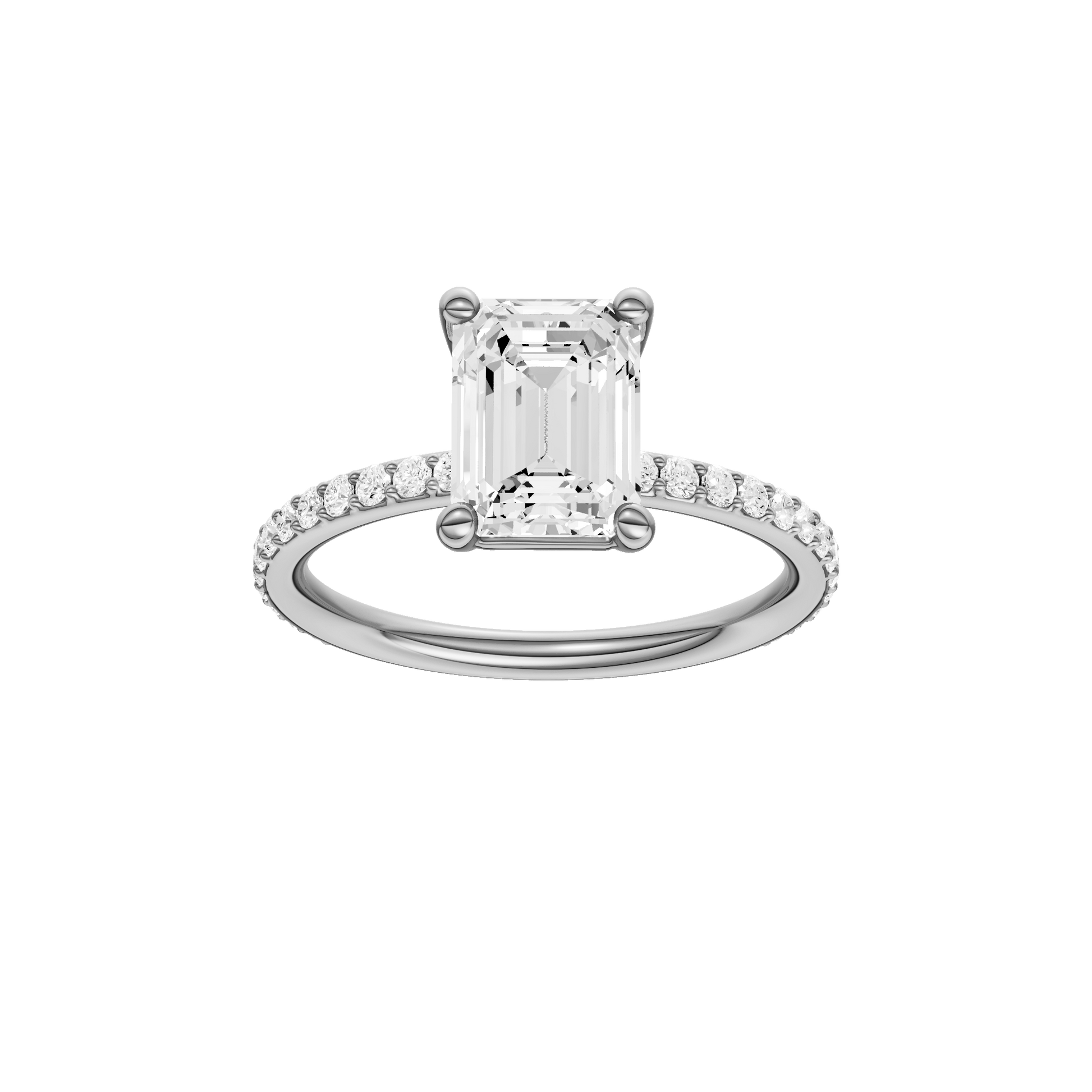 Emerald-cut diamond engagement ring with a prong-set diamond band and solitaire setting.