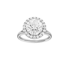 Round-cut diamond engagement ring with a plain band and halo setting.