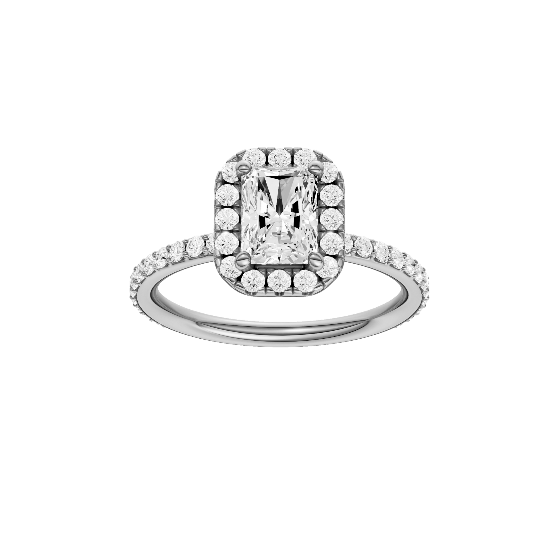 Radiant-cut diamond engagement ring with a prong-set diamond band and halo setting.