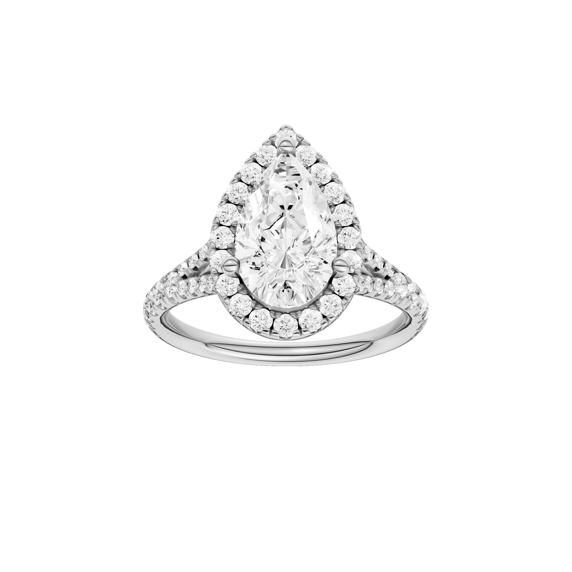 Pear-cut diamond engagement ring with a prong-set diamond band and halo setting.