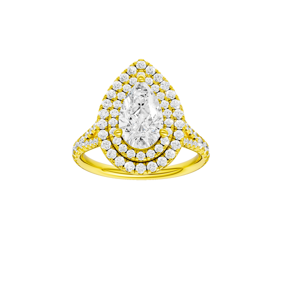 Pear-cut diamond engagement ring with a prong-set diamond band and double-halo setting.