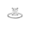 Emerald-cut diamond engagement ring with a prong-set diamond band and solitaire setting.